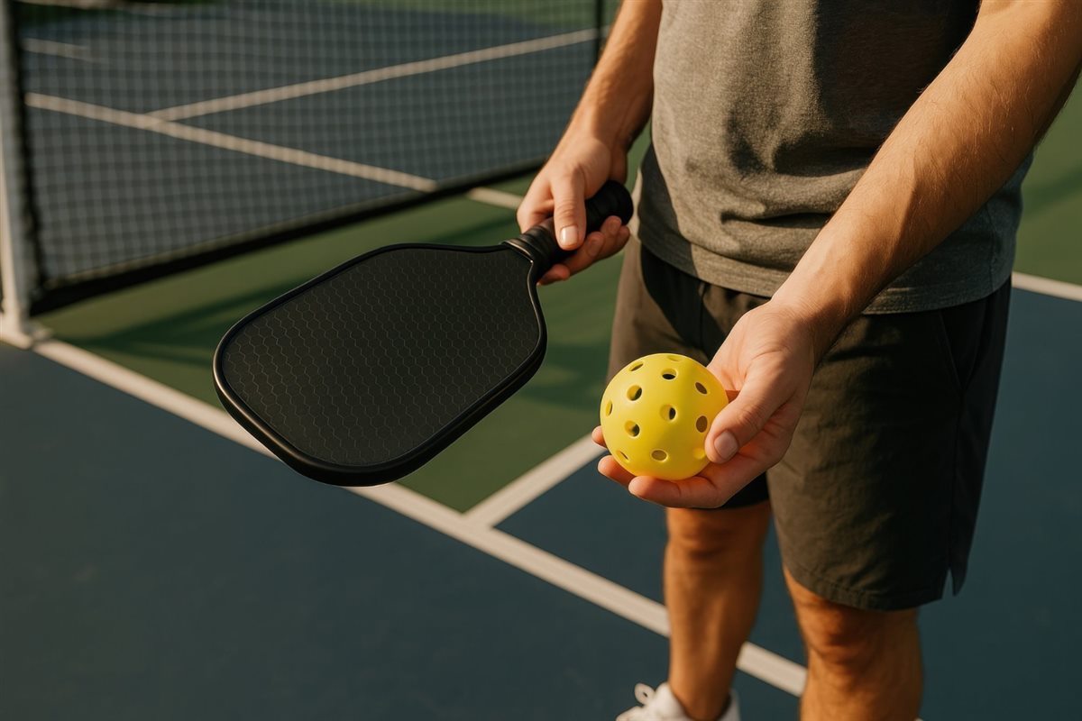 Pickleball paddle and perforated ball beside a court line